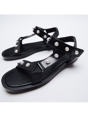 NWT Zara Black Pearl Sport Sandals 7.5 38 Sporty Chic